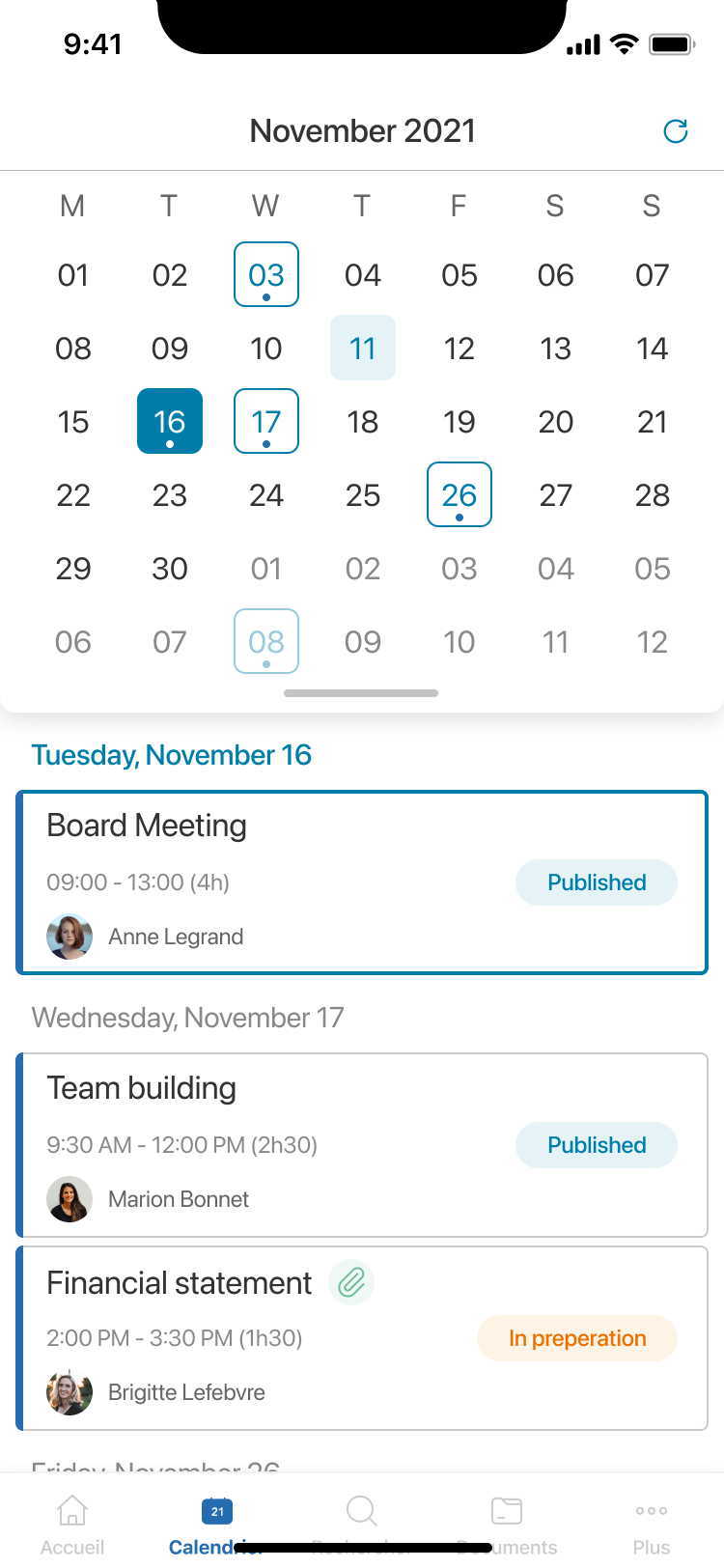 Oodrive Meet mobile — calendar view with upcoming meetings