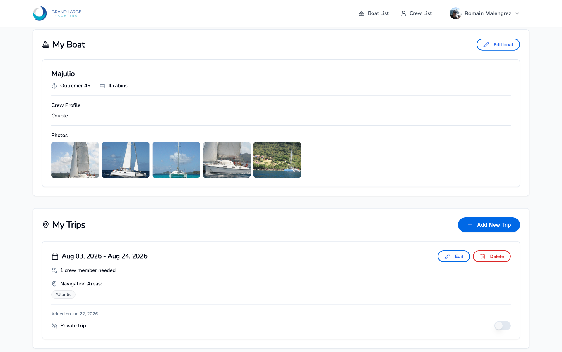 Dashboard screen of the Grand Large Yachting crew exchange platform