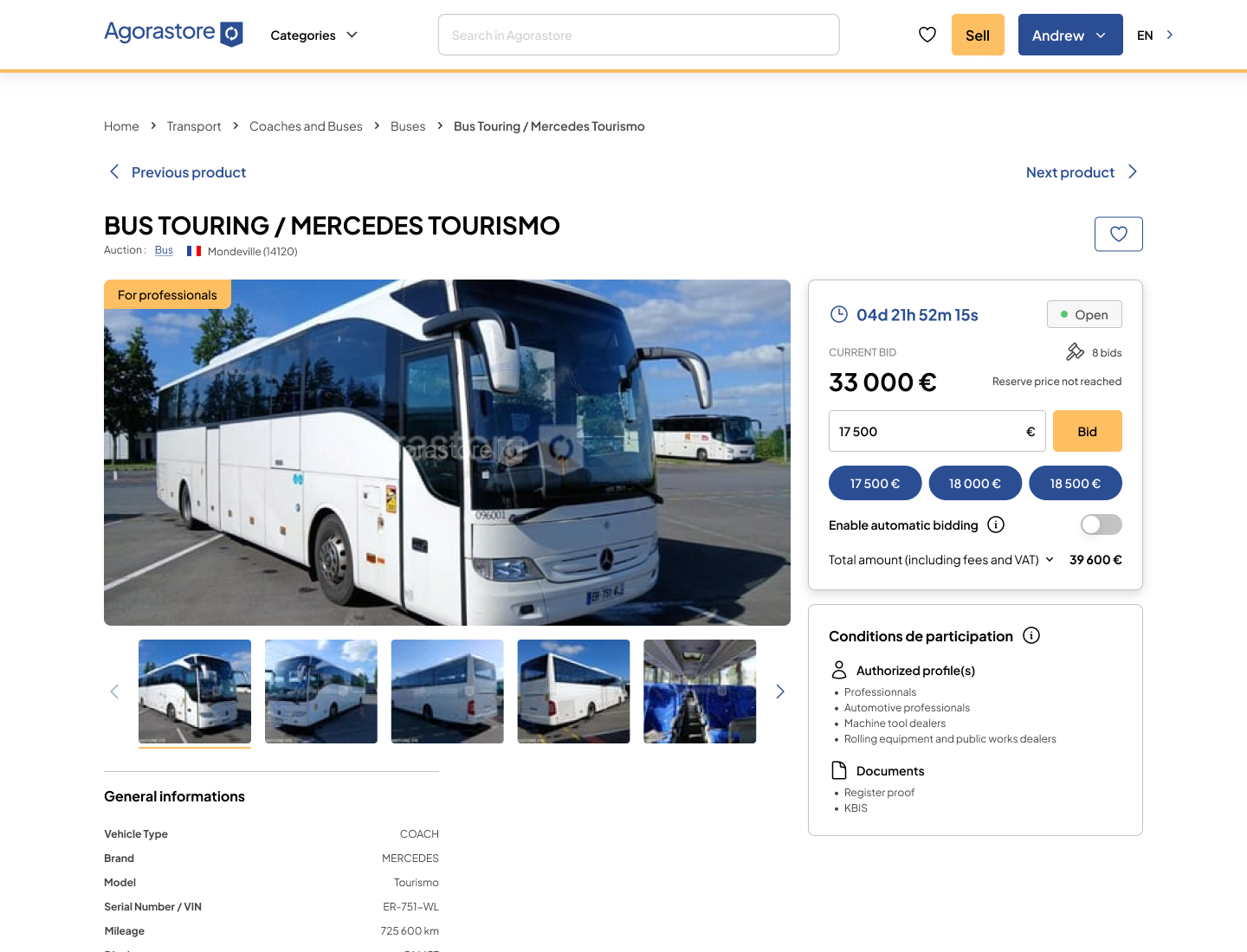 Redesigned Agorastore product page showing a Mercedes Tourismo bus auction with current bid, countdown, and bidding controls
