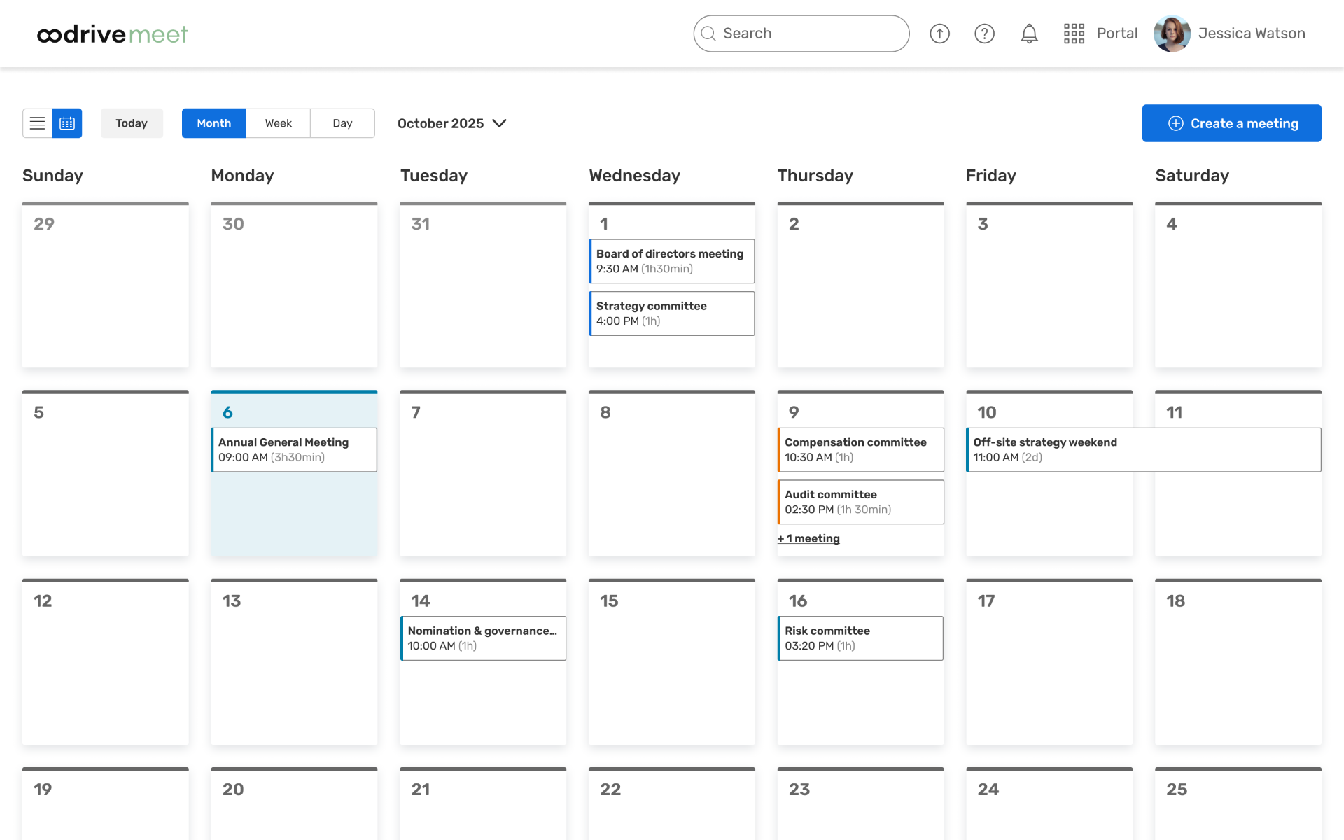 Oodrive Meet desktop — meetings calendar view