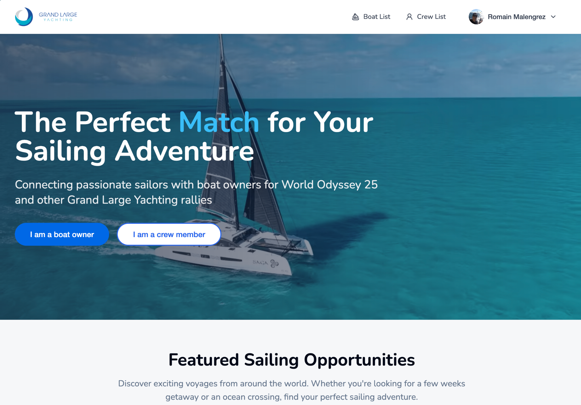 Homepage screen of the Grand Large Yachting crew exchange platform