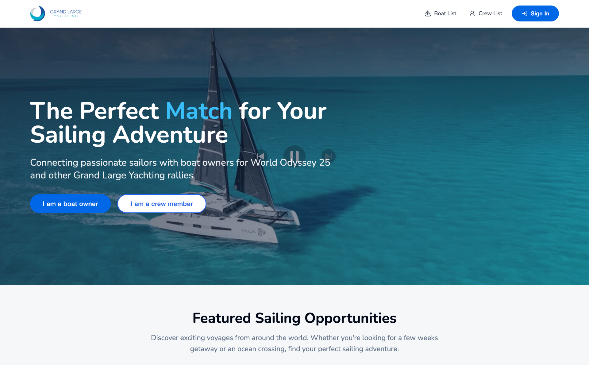 Live Grand Large Yachting crew exchange platform homepage