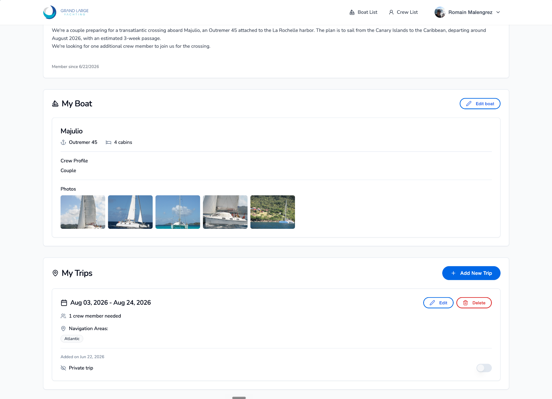 Dashboard screen of the Grand Large Yachting crew exchange platform