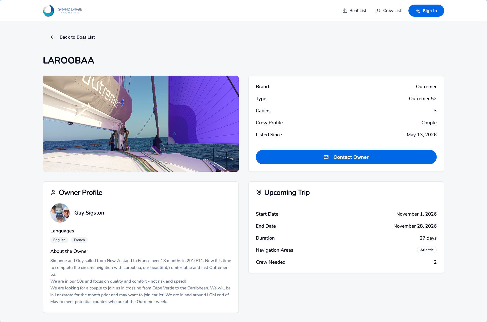 Profile page screen of the Grand Large Yachting crew exchange platform