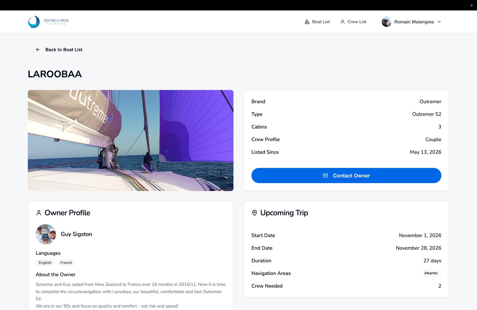 Profile page screen of the Grand Large Yachting crew exchange platform