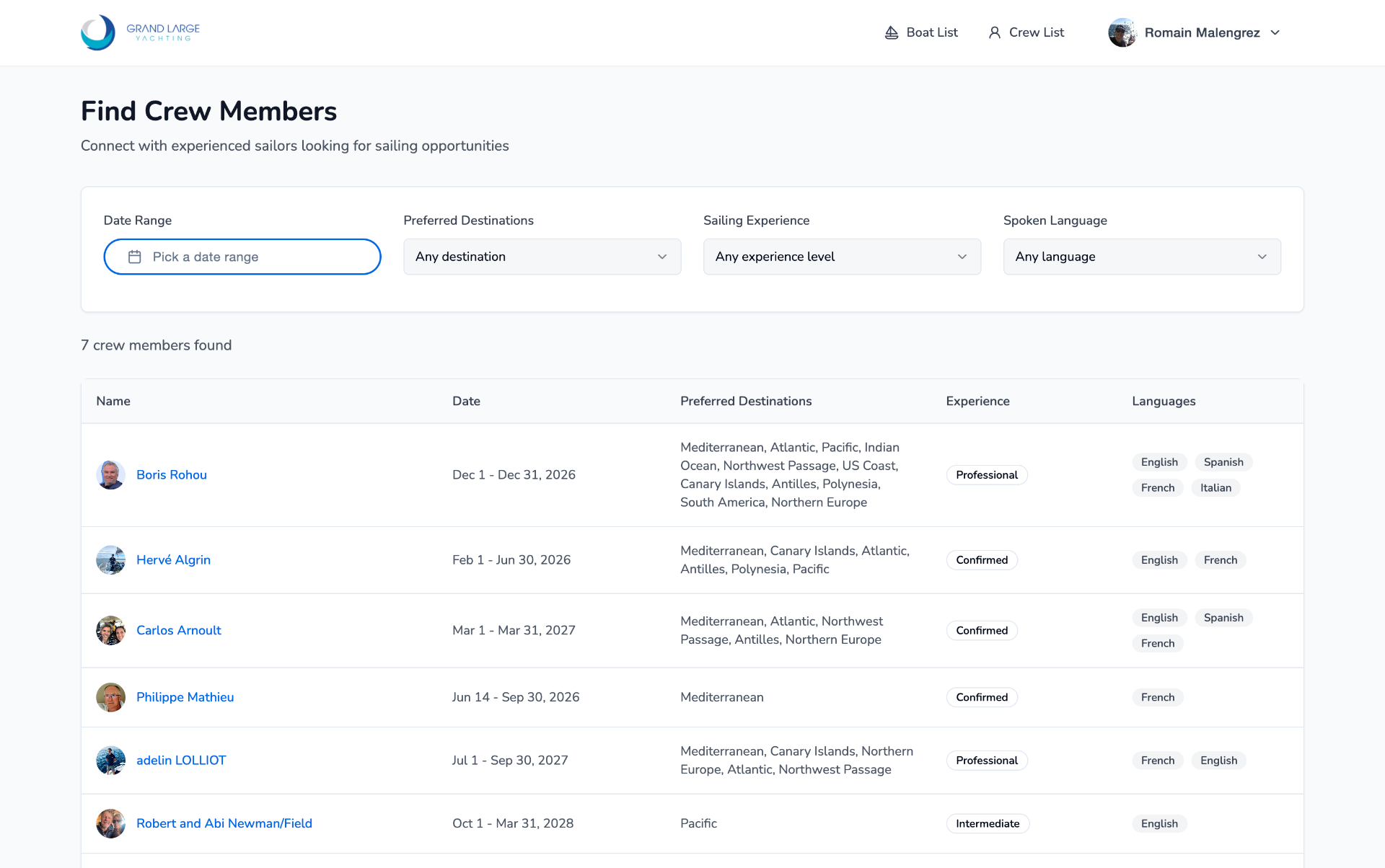 Listings with filters screen of the Grand Large Yachting crew exchange platform