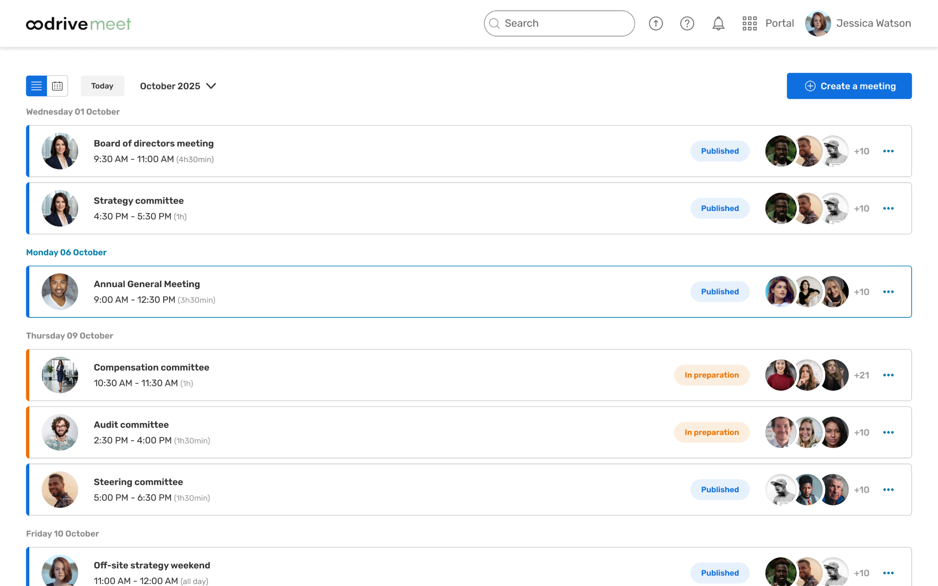 Oodrive Meet desktop — meetings list view