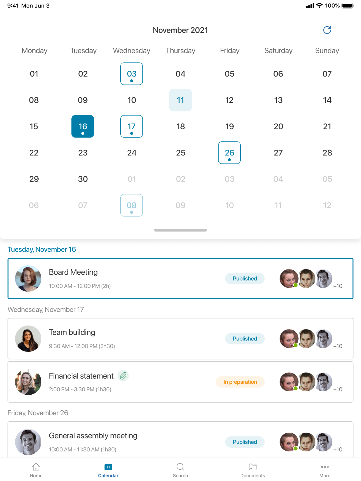 Oodrive Meet tablet — calendar view with upcoming meetings